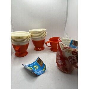 Vintage solo 20 plastic cups 7 oz Solo Cozy  & 4 Orange Holders MCM coffee
